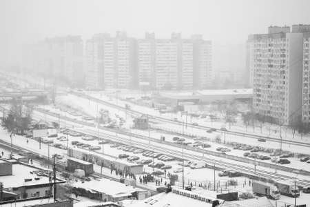 Residential area covered by snow in a cold winter day. Selective focusの写真素材