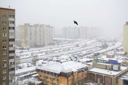 Residential area covered by snow in a cold winter day. Selective focusの写真素材
