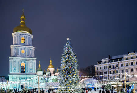 Kyiv, Ukraine - January 8, 2017: Beautiful view of Christmas tree on Sophia Square in Kyiv, Ukraine. Main Kyiv's New Year tree and Saint Sophia Cathedral on the background. Selective focusのeditorial素材