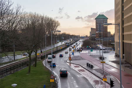 Amsterdam, Netherlands - February 12, 2018: View above city road with cars in the morning. Selective focusのeditorial素材