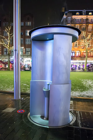 Amsterdam, Netherlands - February 9, 2018: open air pissoir (urinals) public toilet for men, so-called De Krul in Dutch. Selective focusのeditorial素材