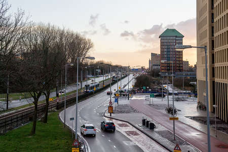 Amsterdam, Netherlands - February 12, 2018: View above city road with cars in the morning. Selective focusのeditorial素材