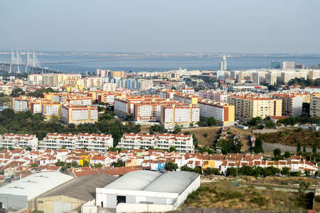 Aerial view of city and Tagus river in Lisbon, Portugal. Selective Focusの写真素材