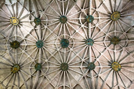 Lisbon, Portugal - Aug 5, 2018: Interior view of ceiling structure of the Jeronimos Monastery. The historical building has traditional arch ceiling.のeditorial素材