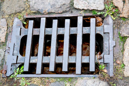 Detail of a metal drainage grid in a pavementの写真素材