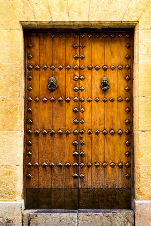 Old wooden door with lion head knockerの写真素材