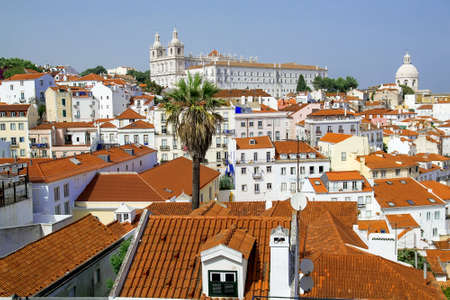 View from the Miradouro Santa Luzia to the old town of Lisbon, behind the monastery church Sao Vincente de Fora, district Alfama, Lisbon, Portugalの写真素材