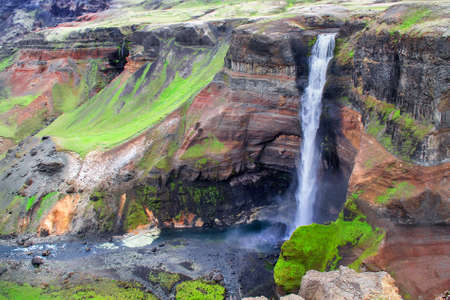 Haifoss waterfall, the fourth highest waterfall(122m) of the island, situated near the volcano Hekla in southern Icelandの写真素材