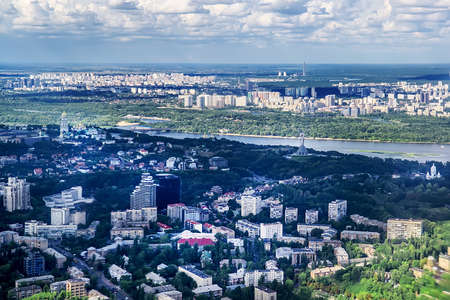 Aerial photograph taken from a plane in Kyiv, Ukraine. Selective focusの写真素材