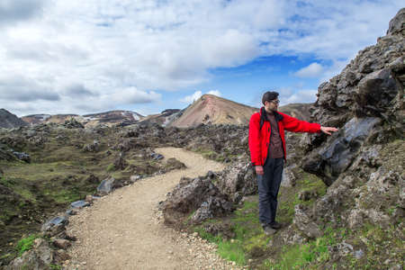Halt of tourist while traveling on mountains of Iceland. Selective focusの写真素材