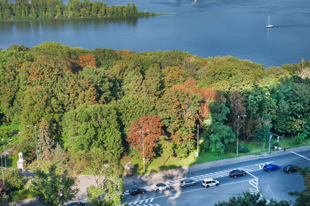 Autumn sunny hot day. Residential areas on hills in Kyiv on the left bank of the Dnieper River. Kyiv. Ukraine.の写真素材