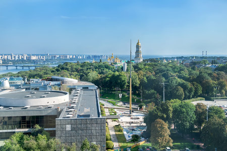 Panoramic view of buildings, Kyiv-Pechersk Lavra churches, the Dnieper river and in Kyiv, Ukraineのeditorial素材