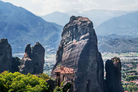 Scenic view of the mountains and monastery at Meteora, Greece. Selective focusの写真素材