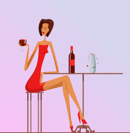 Lonely Woman in red dress sits on a chair at a table with glass of wine. She reaches for glass of wine with her lips to take a sip. Tired woman drinks wine in despair and depressive mood. depression.のイラスト素材