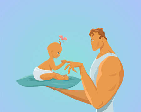 A strong dad holds his one-year-old daughter in his hand. Baby sits on the pope in diaper and holds the index finger of her father. A touching scene of communication between father and child. Vectorのイラスト素材