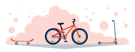 Set of sporting goods road racing bicycle, skateboard and kick stunt scooter. Flat design banner, vector illustration in pink and red colors. Active summer sport goods. Side viewのイラスト素材