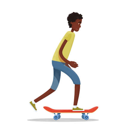 African American ethnicity teenage boy in shorts and t-shirt rides a red skateboard. The legs are bent at the knees, the body is tilted forward. Vector flat design illustration with noises.のイラスト素材