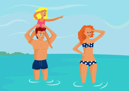 Happy young family stands in a pond, dad holds the child on his shoulders. Parents stand knee-deep in water and, together with child, look in one direction with enthusiasm. Daughter points her finger.のイラスト素材