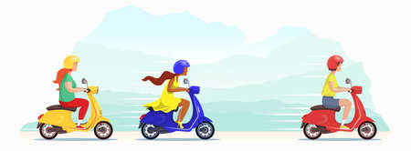 Beautiful young girls compete in a scooter race against the backdrop of nature. The leader of the race went into the lead and is rapidly pursued by women. Cute vector flat design banner illustration.のイラスト素材