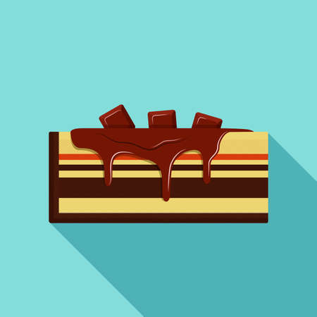 an appetizing piece of cake drizzled with chocolate syrup and decorated with chocolate bars. The syrup drips from a piece of cake. Side view vector flat design illustrationのイラスト素材