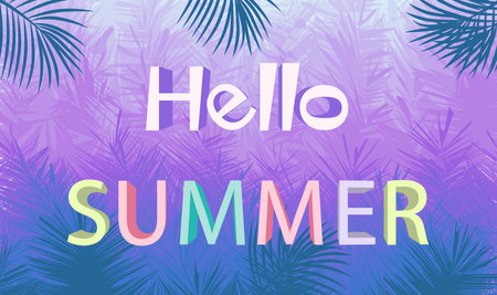 Colorful background with palm leaves and hello summer three dimensional text