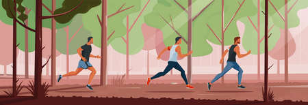 Young athletes in sportswear run along the forest. Jogging outdoors on a summer day. Sports activities in the park. Healthy lifestyle concept. Vector flat design banner illustration.の写真素材