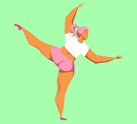 A cute girl in sports shorts and a T-shirt stands back in ecarte ballet pose. A young ballerina woman with curvaceous forms is mastering ballet and stands on one leg. Vector flat designのイラスト素材