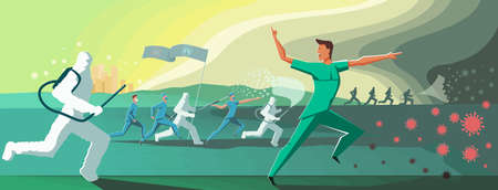 A scene of epic battle of medical workers against COVID-19 coronavirus pandemic. Masked doctors and people in protective suits with sanitizers and disinfectant sprays attack the bacteria of the virusのイラスト素材
