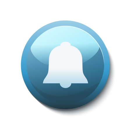 Blue shiny button with white bell icon as a symbol of notification. Reminder icon vector design illustration.のイラスト素材