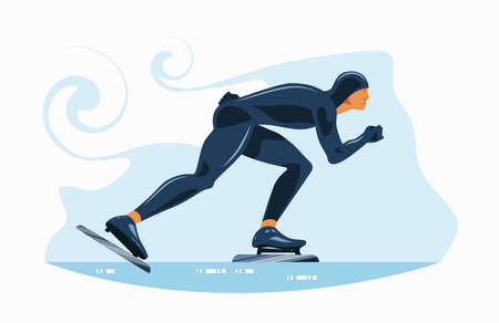 Short track speed skating. A muscular athlete overcomes the distance on skates. Vector flat design illustration side view.のイラスト素材