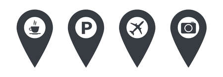 Set of Map pointers showing a place to eat, to take photos, to fly, to park. Coffee cup, p letter airplane and camera icons inside navigation signs. Vector flat design illustration.のイラスト素材