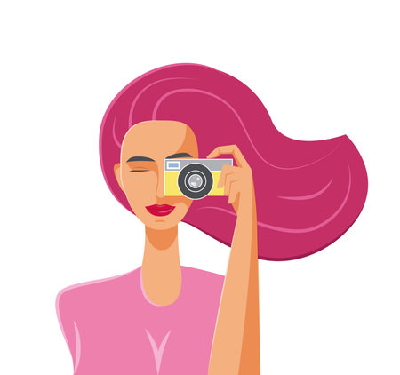 Girl photographer with a camera front view. Vector flat design illustration.のイラスト素材