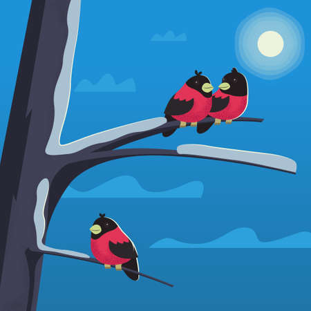 Cute cartoon Bullfinches are sitting on a tree branch.のイラスト素材
