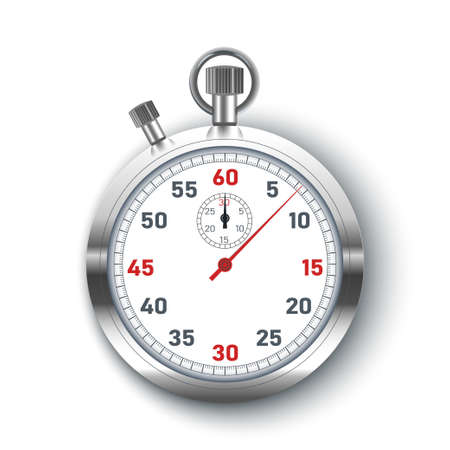Realistic silver Stopwatch with red arrow vector illustration. Time icon vector three dimensional high angle front view.のイラスト素材