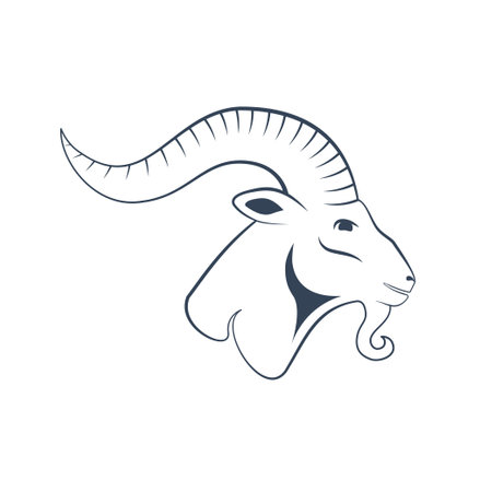 Black zodiac sign Capricorn depicting a goat head with huge horn. Side view. Illustration of an astrology sign. Vector flat design icon of a Mountain goatのイラスト素材