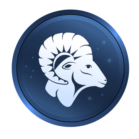 A ram head profile with a large horn button. Side view. Aries Zodiac astrology symbol of the sheep. Aries illustration vector flat design.のイラスト素材