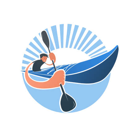 Creative illustration of a man in a kayak holding a paddle in his hands on a transparent background. Vector flat design symbol of wild kayaking and canoeing. Web icon of water sports transport.のイラスト素材