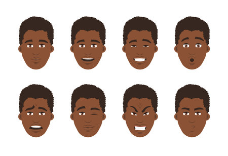 Set of African-American mens faces with different expressions. Vector flat designのイラスト素材