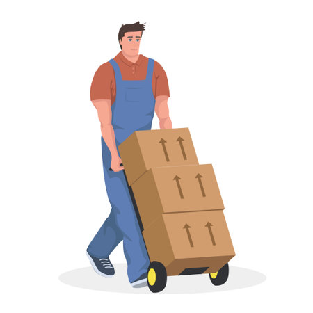 A mover with cargo trolley and boxes in it walks full-length and smiles. A delivery man in work clothes stands next to cardboard boxes. Flat design cartoon illustration.のイラスト素材