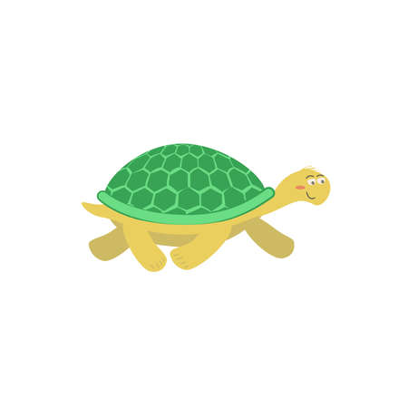Cute cartoon turtle isolated on white transparent background. Vector flat design children illustration. Side view. Animal drawing. Side viewのイラスト素材