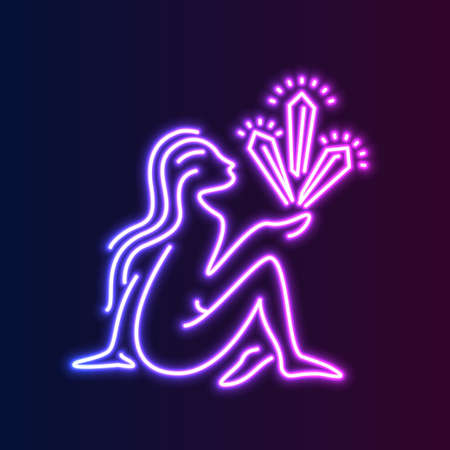 Crystal healing concept outline design illustration. Side view of a sitting woman with hand holding crystals.のイラスト素材