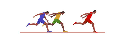 Athletics scene. Men's track race. Runners at Finish line. Athletes running and fighting for the victory at the finish line. Track 100 meters competition. Vector flat design illustration.のイラスト素材