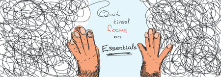 Conseptual hand drawn vector illustration. Two hands push apart the mess. The call is to quit tinsel and focus on essentials.のイラスト素材