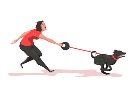 Woman runs after her lovely pet with a surprised expression on her face. Isolated on transparent background. Walking the black dogのイラスト素材