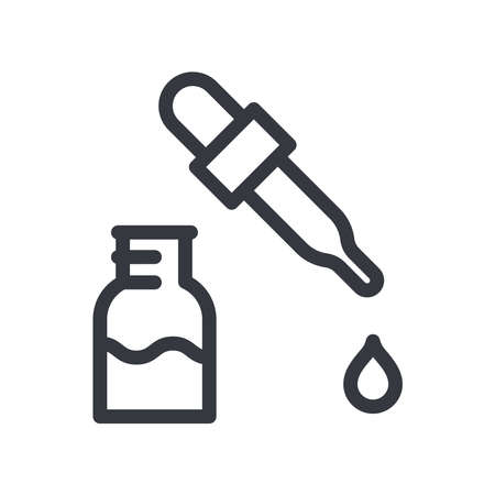 Black linear medical icon of medical bottle with solution and pipette isolated on transparent background. Outline iconのイラスト素材