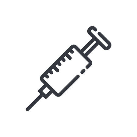 Black linear medical icon of syringe isolated on transparent background. Outline symbolのイラスト素材