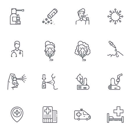 Set of vector Healthcare and medical line icons isolated on white transparent background. Cold, flu and treatment symbols.のイラスト素材