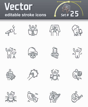 Vector editable stroke line icon set of musicians playing variable musical instruments isolated on transparent backgroundのイラスト素材