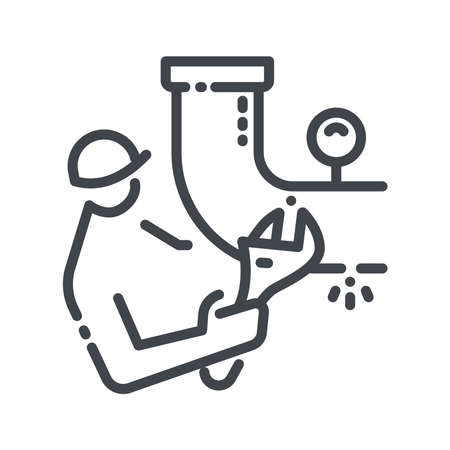 Vector plumber that holds adjustable wrench line icon isolated on transparent background.のイラスト素材