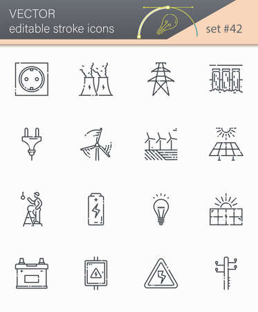 Vector editable stroke power supply and electricity line icon set isolated on transparent background. Alternative energy generation symbolsのイラスト素材